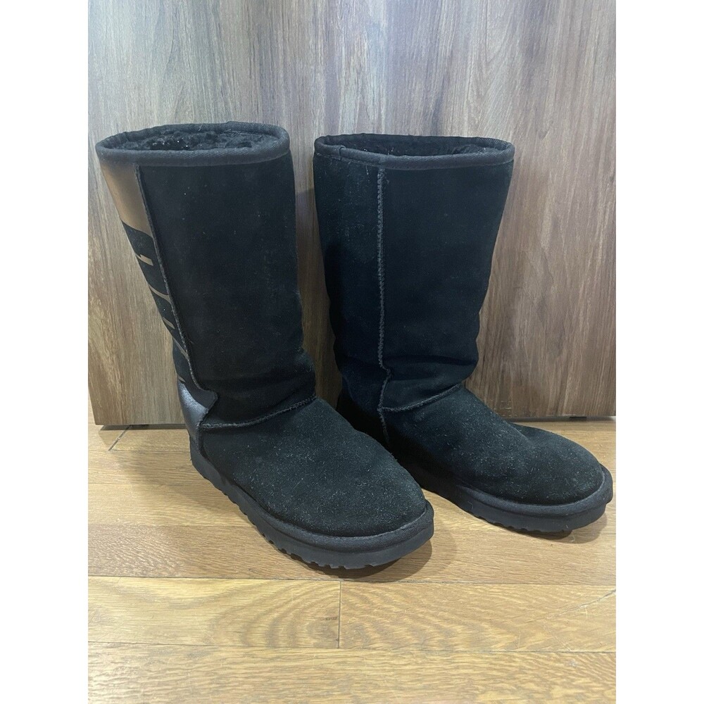 UGG Australia Suede Winter Boots Women Size 7 Black Tall Classic Rubber Big Logo